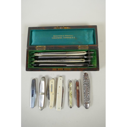 77 - A Benetfink & Company walnut and brass inlaid set of cutthroat razors, and a quantity of vintage... 