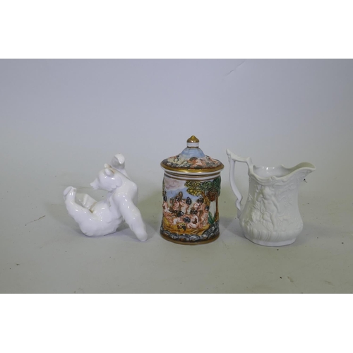 82 - A KPM porcelain figure of polar bear, 10cm high, a Portmeirion jug and Naples jar and cover