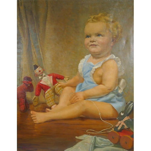 830 - School of Dod Procter, R.A., (British, 1890-1972), child with her toys, oil on canvas, 64 x 76cm