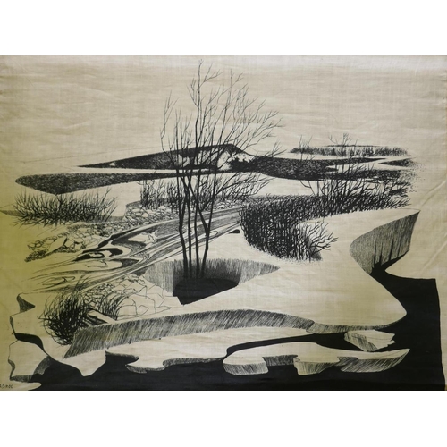 879 - M. Bacrol, (French?), winter landscape, ink on linen, lined wall hanging c.1950/60, 126 x 98cm