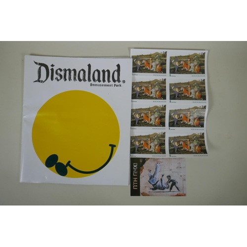 880 - After Banksy, a set of eight 'Save or Delete' stickers, and a Dismaland catalogue and flyer, 29 x 35... 