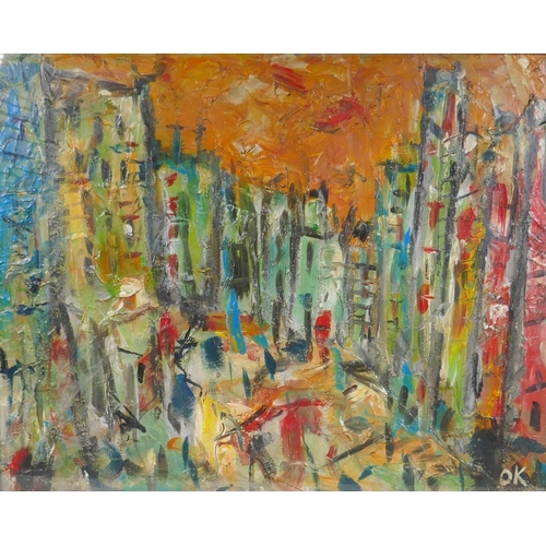 881 - Abstract expressionist cityscape, initialled OK, oil on board, 69 x 55cm