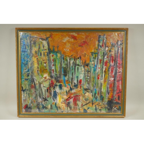 881 - Abstract expressionist cityscape, initialled OK, oil on board, 69 x 55cm