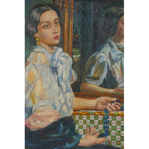 888 - In the manner of Vanessa Bell, (British, 1879-1961), Dora Morris, oil on canvas board, 25 x 37cm