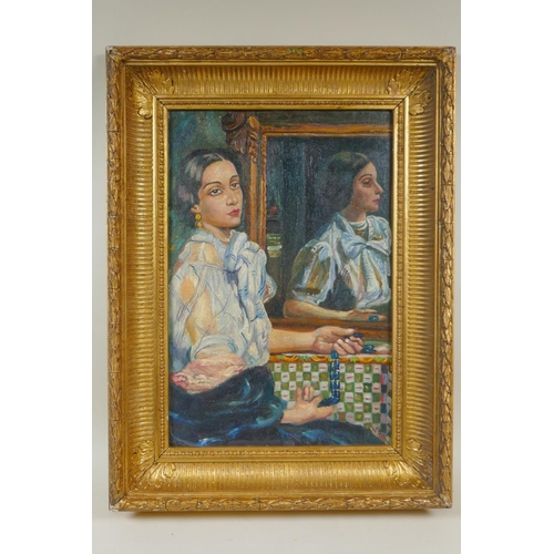 888 - In the manner of Vanessa Bell, (British, 1879-1961), Dora Morris, oil on canvas board, 25 x 37cm