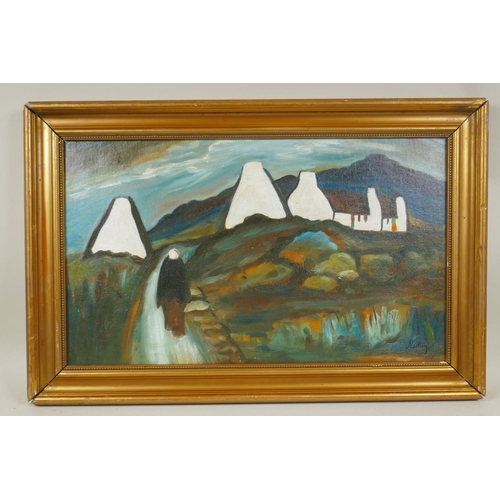 890 - Irish School, rural landscape with figure on a path and distant mountains, oil on canvas, 51 x ... 