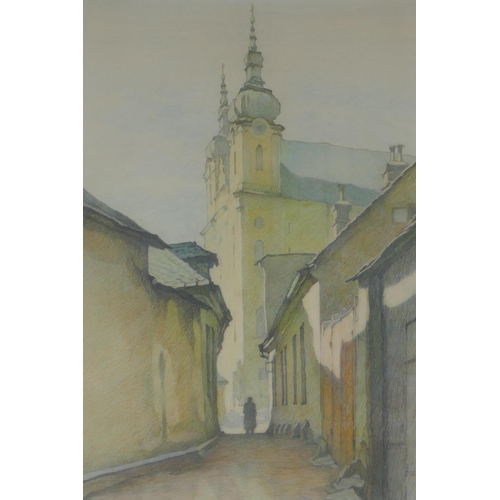 891 - Raimund Mosler, (European, 1886-1959), Eastern European churches, three watercolours, pencil signed ... 