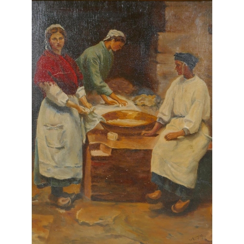 892 - Newlyn School style, washer women, after Walter Langley, oil on canvas laid on board, 34 x 44cm