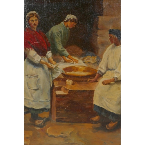 892 - Newlyn School style, washer women, after Walter Langley, oil on canvas laid on board, 34 x 44cm