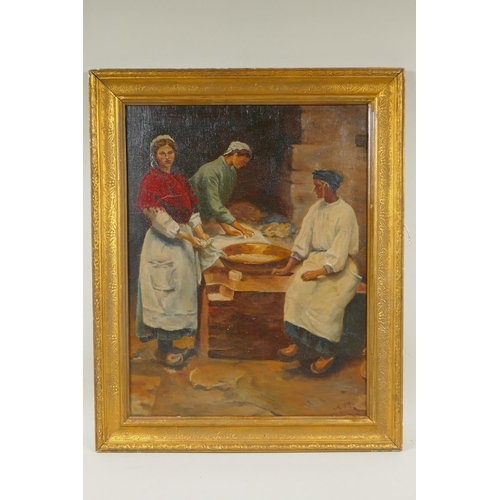 892 - Newlyn School style, washer women, after Walter Langley, oil on canvas laid on board, 34 x 44cm