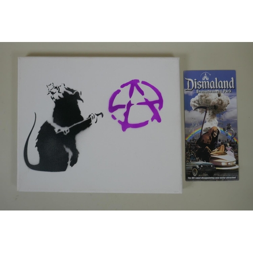 897 - After Banksy, Anarchy Rat, stencil on canvas, Dismaland stamp verso, and a Dismaland Bemusement Park... 