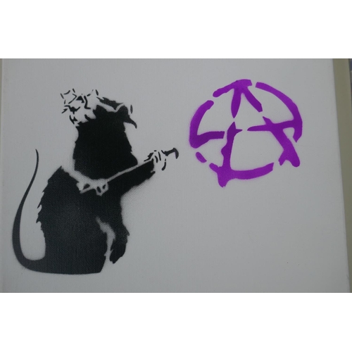 897 - After Banksy, Anarchy Rat, stencil on canvas, Dismaland stamp verso, and a Dismaland Bemusement Park... 