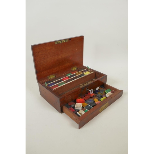 9 - A C19th Reeves & Sons brass inlaid mahogany watercolour box, opening to reveal a compartmented i... 