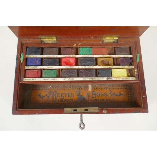 9 - A C19th Reeves & Sons brass inlaid mahogany watercolour box, opening to reveal a compartmented i... 