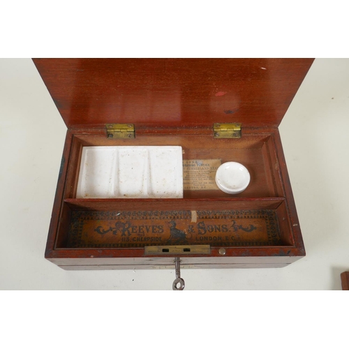 9 - A C19th Reeves & Sons brass inlaid mahogany watercolour box, opening to reveal a compartmented i... 