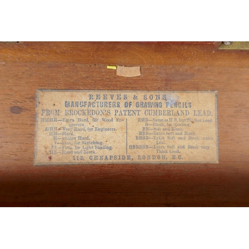 9 - A C19th Reeves & Sons brass inlaid mahogany watercolour box, opening to reveal a compartmented i... 