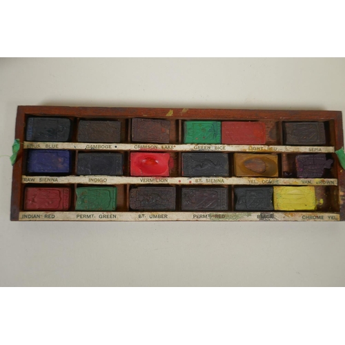 9 - A C19th Reeves & Sons brass inlaid mahogany watercolour box, opening to reveal a compartmented i... 