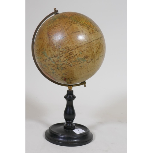 4 - Antique Geographia 8 inch terrestrial globe, raised on a lacquered wood stand, 38cm high