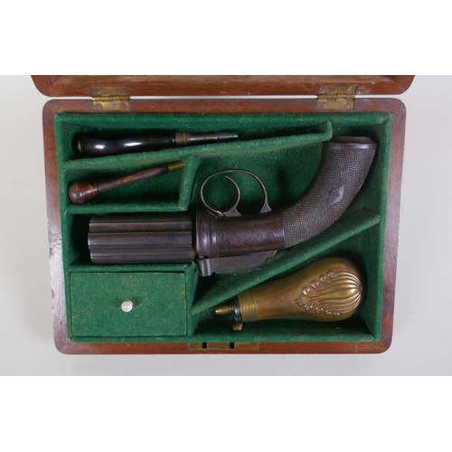 1 - A C19th English percussion cap six shot pepperbox pistol by Smith of London, with engraved decoratio... 