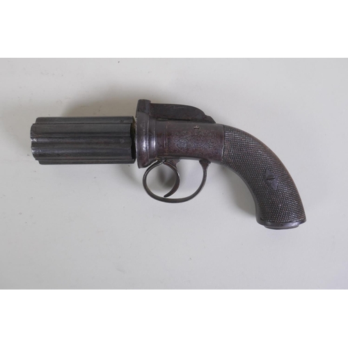 1 - A C19th English percussion cap six shot pepperbox pistol by Smith of London, with engraved decoratio... 