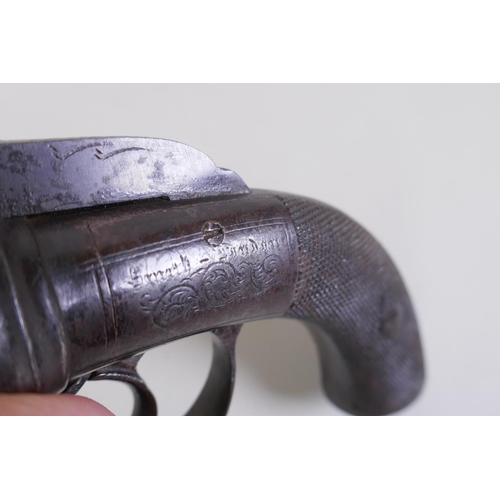 1 - A C19th English percussion cap six shot pepperbox pistol by Smith of London, with engraved decoratio... 