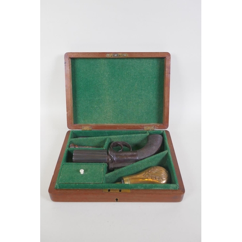 1 - A C19th English percussion cap six shot pepperbox pistol by Smith of London, with engraved decoratio... 