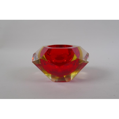 23 - An Italian mid century Somerso style diamond shaped orange glass bowl, probably Flavio Poli, and ano... 