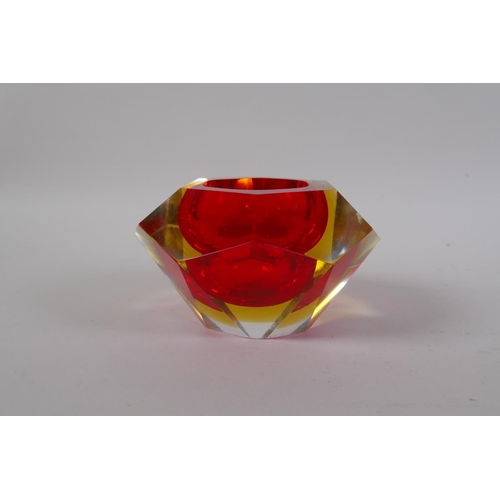 23 - An Italian mid century Somerso style diamond shaped orange glass bowl, probably Flavio Poli, and ano... 