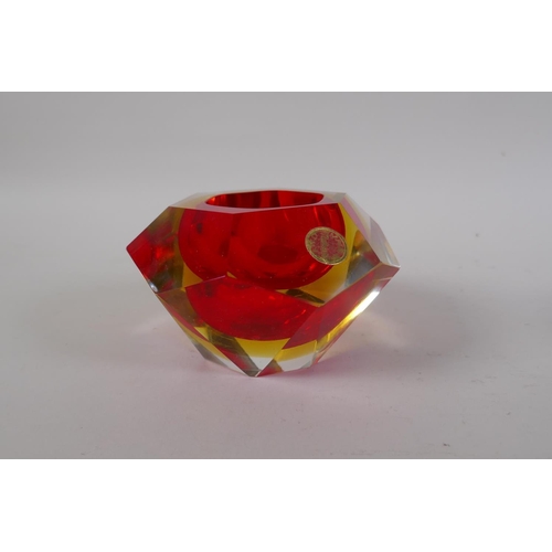 23 - An Italian mid century Somerso style diamond shaped orange glass bowl, probably Flavio Poli, and ano... 