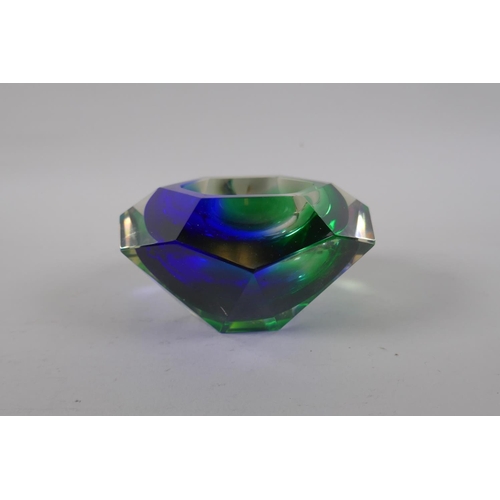 23 - An Italian mid century Somerso style diamond shaped orange glass bowl, probably Flavio Poli, and ano... 