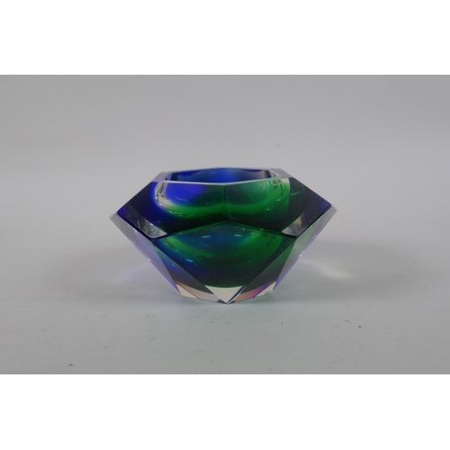 23 - An Italian mid century Somerso style diamond shaped orange glass bowl, probably Flavio Poli, and ano... 