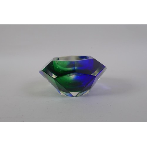 23 - An Italian mid century Somerso style diamond shaped orange glass bowl, probably Flavio Poli, and ano... 