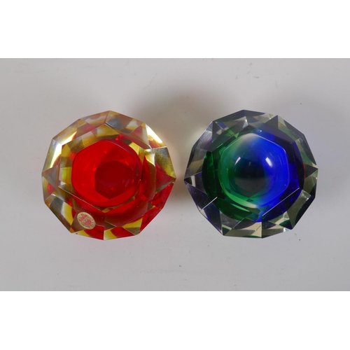 23 - An Italian mid century Somerso style diamond shaped orange glass bowl, probably Flavio Poli, and ano... 