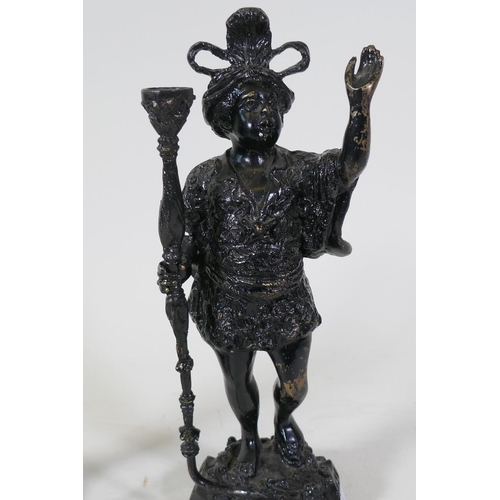 26 - A pair of antique painted metal candlesticks in the form of blackamoors, 41cm high