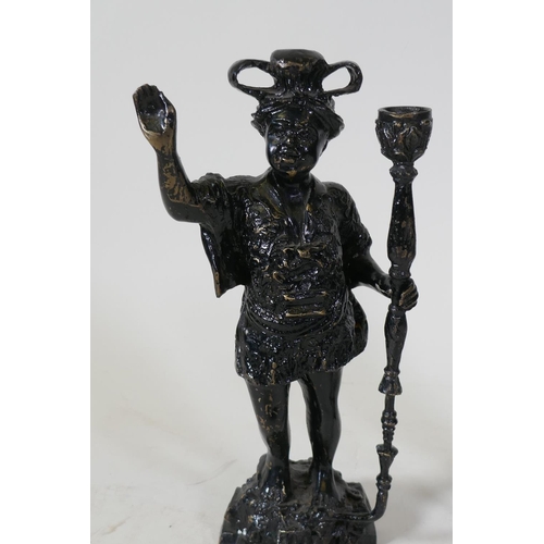 26 - A pair of antique painted metal candlesticks in the form of blackamoors, 41cm high