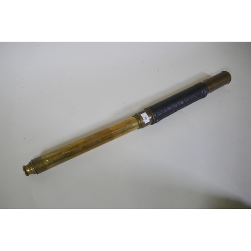 39 - C19th brass single draw telescope with painted canvas grip, 88cm extended