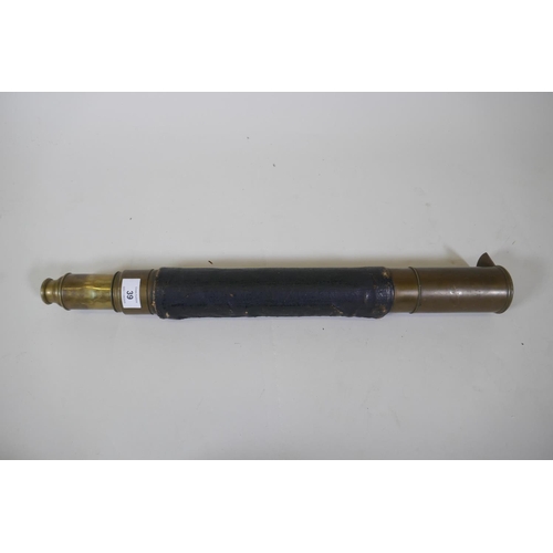39 - C19th brass single draw telescope with painted canvas grip, 88cm extended