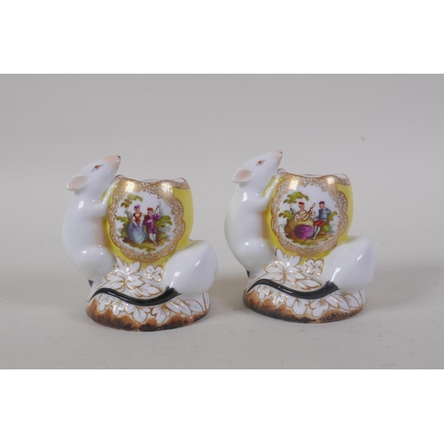 40 - A pair of Meissen porcelain posy holders in the form of two mice and an egg, decorated with pictoria... 