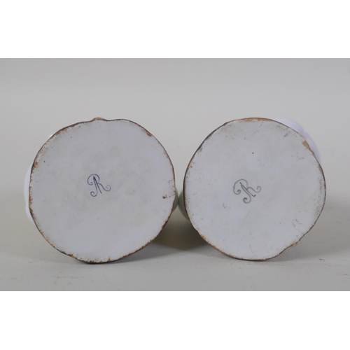 40 - A pair of Meissen porcelain posy holders in the form of two mice and an egg, decorated with pictoria... 