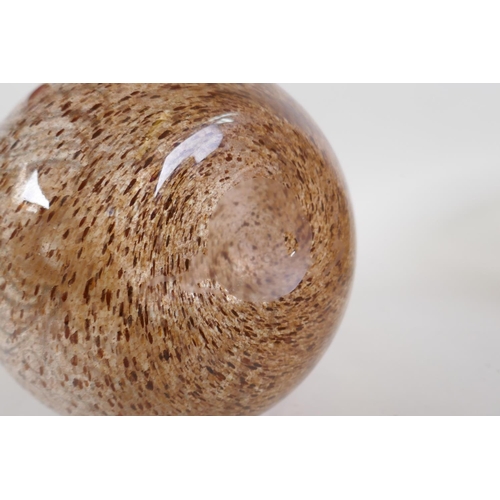 41 - A vintage art glass bottle vase, a hand blown two handled blue glass vase, and an iridescent art gla... 