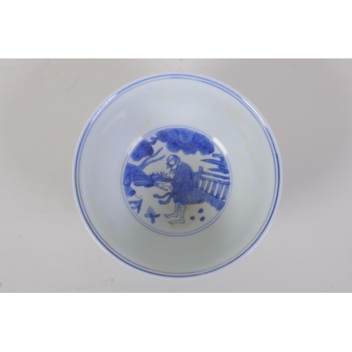 45 - A Chinese ming style blue and white porcelain bowl with the eight immortals, 6 character mark to bas... 