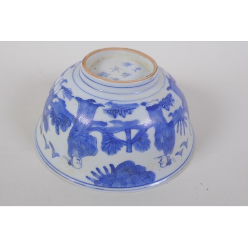 45 - A Chinese ming style blue and white porcelain bowl with the eight immortals, 6 character mark to bas... 