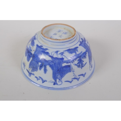 45 - A Chinese ming style blue and white porcelain bowl with the eight immortals, 6 character mark to bas... 