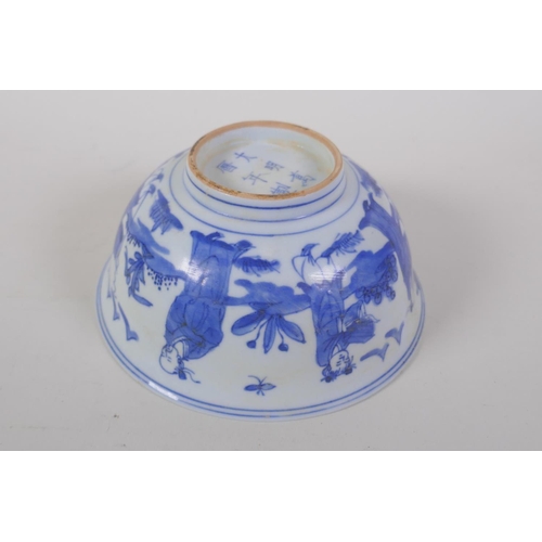 45 - A Chinese ming style blue and white porcelain bowl with the eight immortals, 6 character mark to bas... 