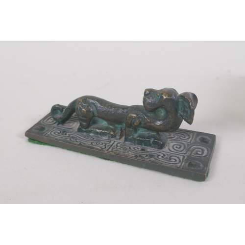 47 - A Grand Tour bronze figure of Hermes, AF repair to leg, and an Chinese archaic style bronze scroll w... 