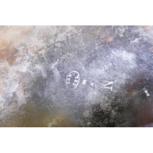 9 - An antique copper two handled jam pan, 37cm diameter, and an antique riveted copper bucket with bras... 