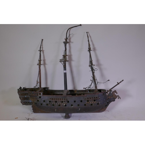 1012 - A vintage bronze weather vane in the form of three masted British naval Man 'o War, with Pegasus fig...