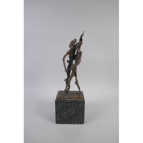 17 - A modernist bronze sculpture of a couple dancing, signed to the base J.P. Wellerd?, 1/1, with Guyot ... 