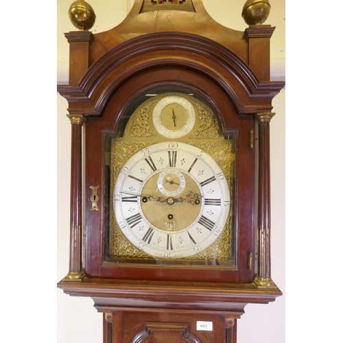 634 - A Queen Anne/George I mahogany musical longcase clock by Henry Thornton, the arched hood with three ... 