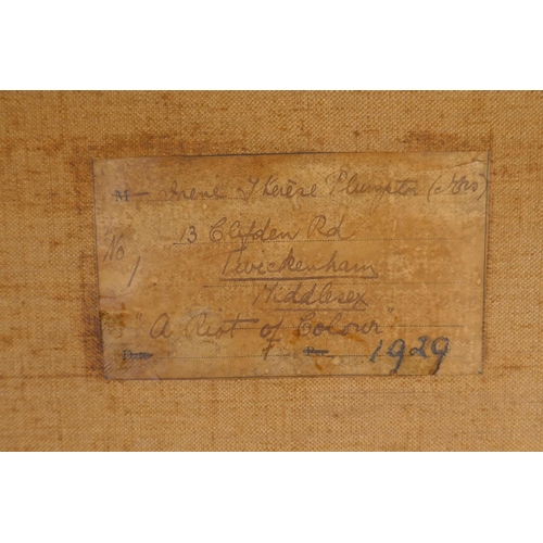 803 - Irene Plumpton, (British, active early C20th), A Riot of Colour, 1929, still life with flowers, oil ... 